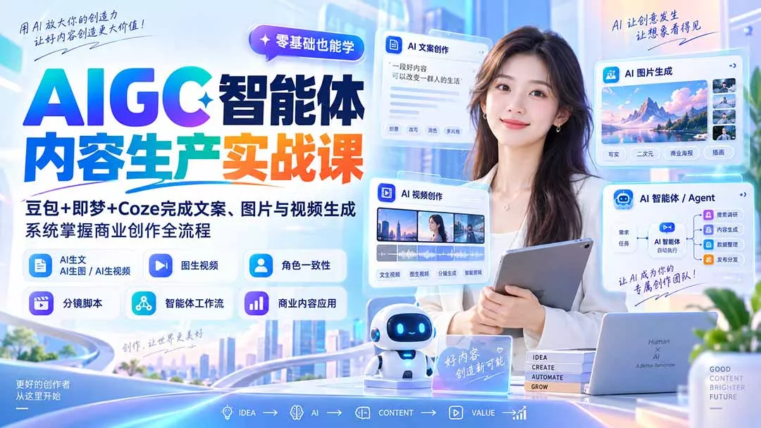 AIGC智能体内容生产实战课：豆包+即梦+Coze完成文案、图片与视频生成，系统掌握商业创作全流程 一点学习助手-零基础自学教程-副业项目-兴趣学习-网盘拉新平台-英语启蒙项目资源网