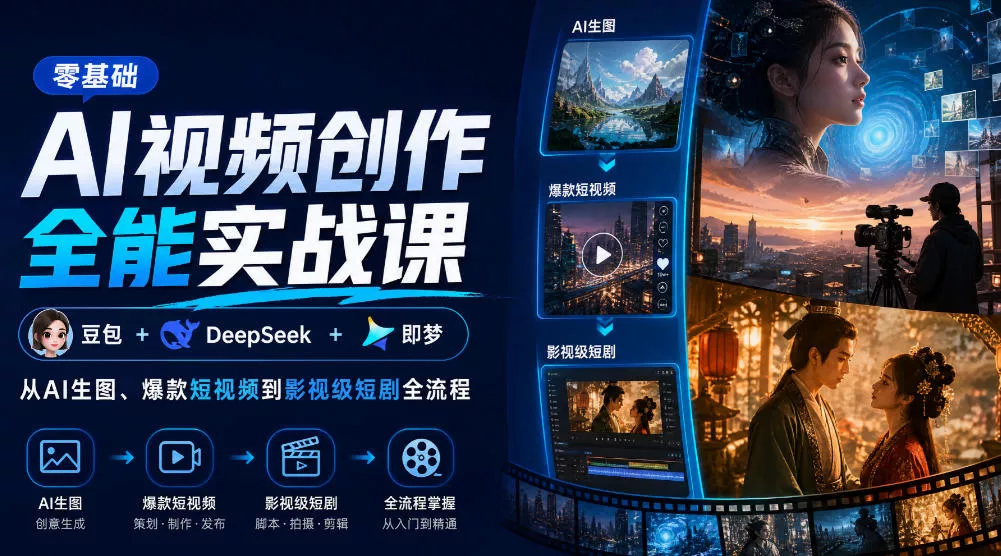 零基础AI视频创作全能实战课｜豆包+DeepSeek+即梦，从AI生图、爆款短视频到影视级短剧全流程 一点学习助手-零基础自学教程-副业项目-兴趣学习-网盘拉新平台-英语启蒙项目资源网