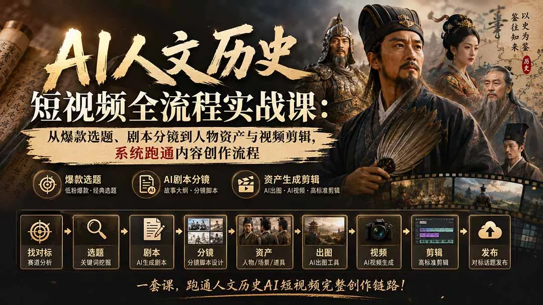 AI人文历史短视频全流程实战课：从爆款选题、剧本分镜到人物资产与视频剪辑，系统跑通内容创作流程 一点学习助手-零基础自学教程-副业项目-兴趣学习-网盘拉新平台-英语启蒙项目资源网