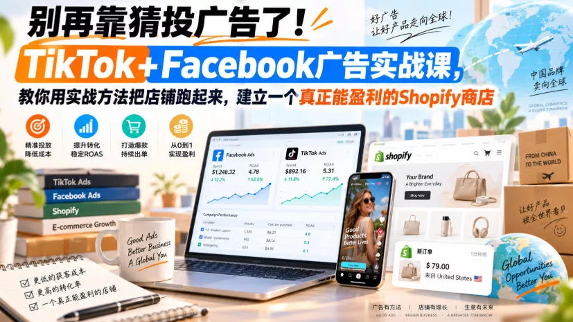 别再靠猜投广告了！TikTok+Facebook广告实战课，教你用实战方法把店铺跑起来，建立一个真正能盈利的Shopify商店【原创双语字幕】 一点学习助手-零基础自学教程-副业项目-兴趣学习-网盘拉新平台-英语启蒙项目资源网