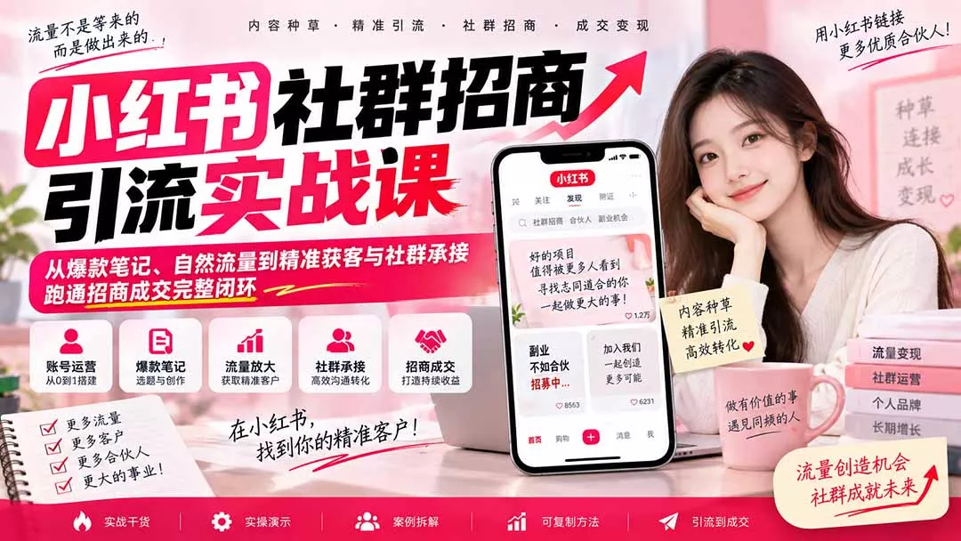 小红书社群招商引流实战课-无水印：从爆款笔记、自然流量到精准获客与社群承接，跑通招商成交完整闭环 一点学习助手-零基础自学教程-副业项目-兴趣学习-网盘拉新平台-英语启蒙项目资源网