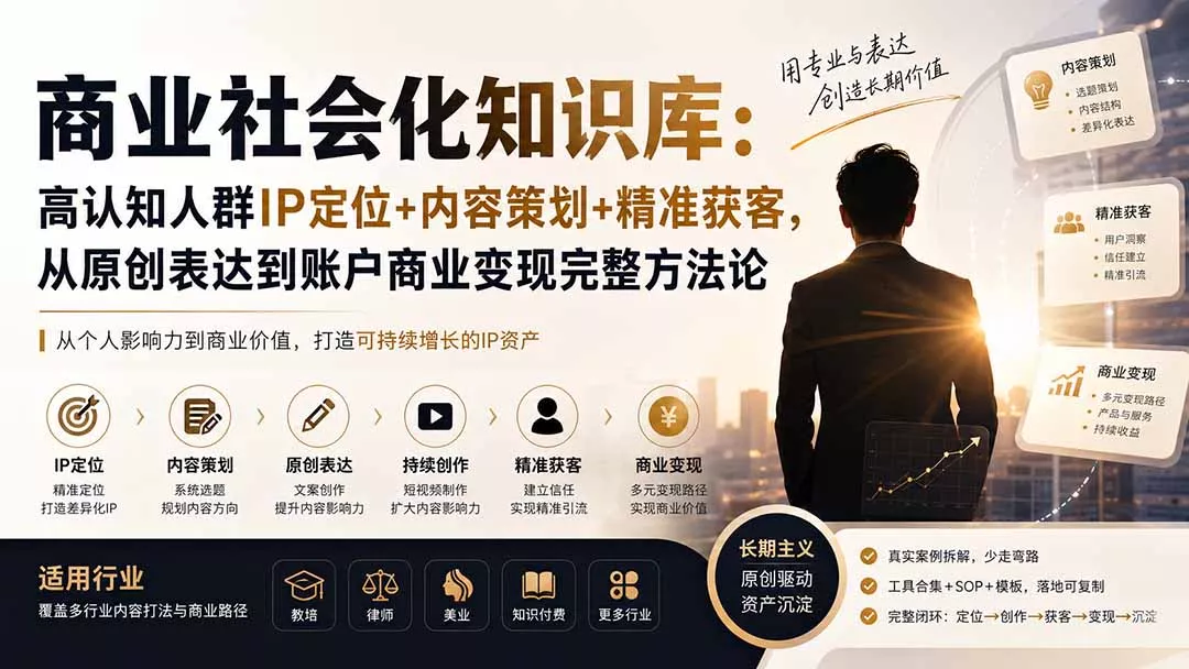 商业社会化知识库：高认知人群IP定位+内容策划+精准获客，从原创表达到账户商业变现完整方法论 一点学习助手-零基础自学教程-副业项目-兴趣学习-网盘拉新平台-英语启蒙项目资源网