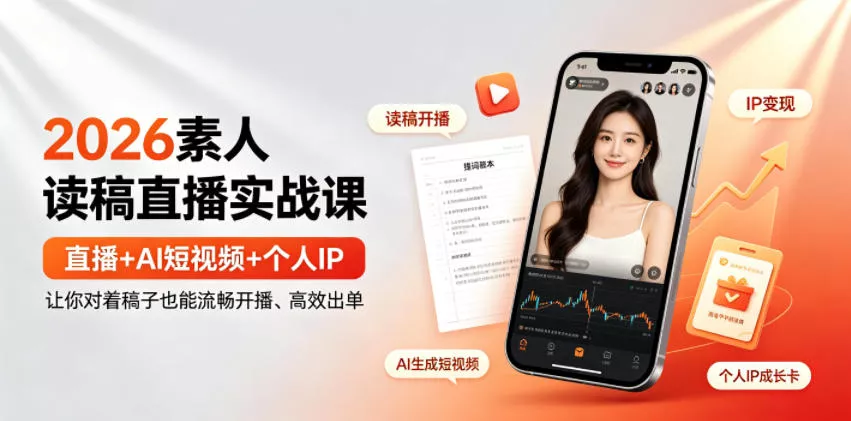 2026素人读稿直播实战课｜直播+AI短视频+个人IP，让你对着稿子也能流畅开播、高效出单 一点学习助手-零基础自学教程-副业项目-兴趣学习-网盘拉新平台-英语启蒙项目资源网