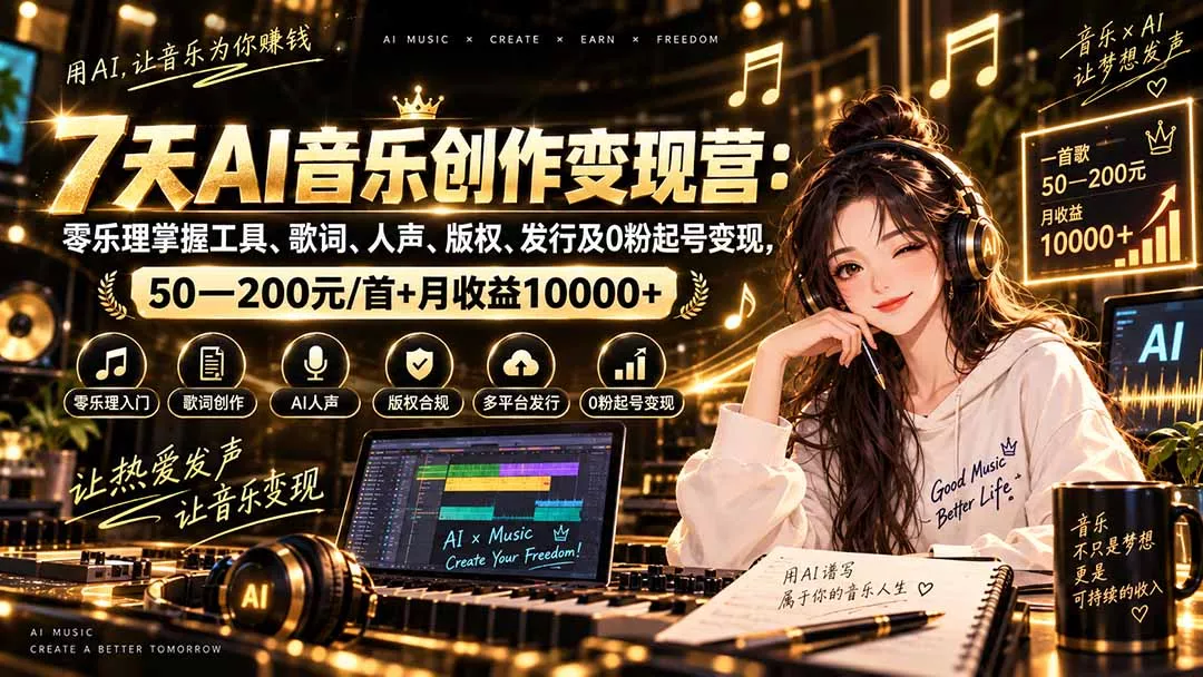 AI音乐创作变现营：零乐理掌握工具、歌词、人声、版权、发行及0粉起号变现，50—200元/首+月收益10000+ 一点学习助手-零基础自学教程-副业项目-兴趣学习-网盘拉新平台-英语启蒙项目资源网