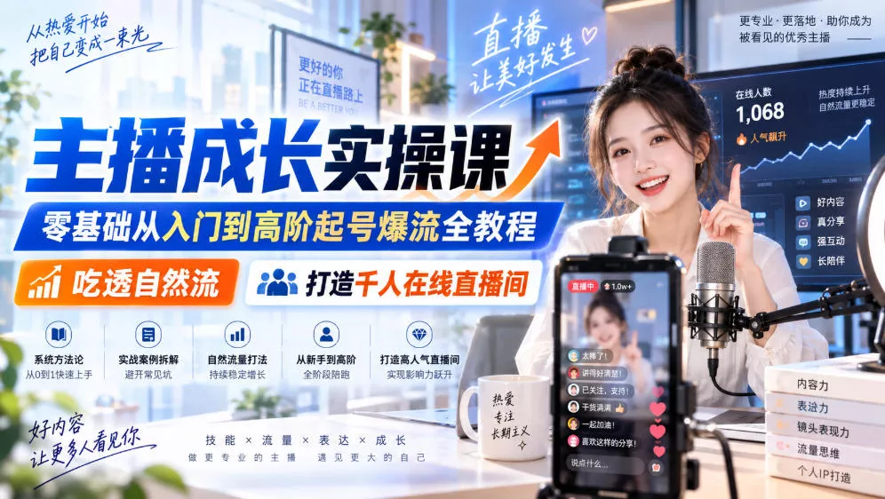 主播成长实操课｜零基础从入门到高阶起号爆流全教程，吃透自然流，打造千人在线直播间 一点学习助手-零基础自学教程-副业项目-兴趣学习-网盘拉新平台-英语启蒙项目资源网