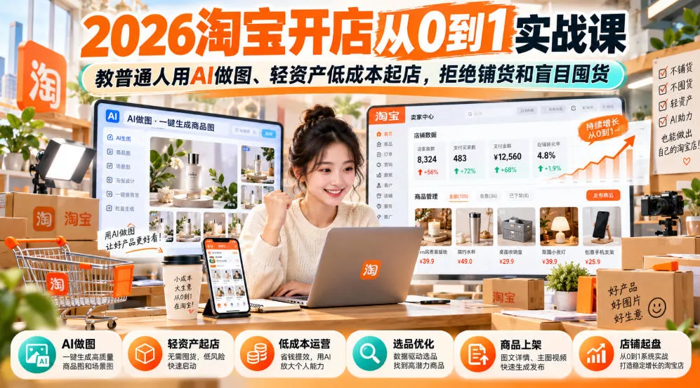 2026淘宝开店从0到1实战课，教普通人用AI做图、轻资产低成本起店，拒绝铺货和盲目囤货 一点学习助手-零基础自学教程-副业项目-兴趣学习-网盘拉新平台-英语启蒙项目资源网