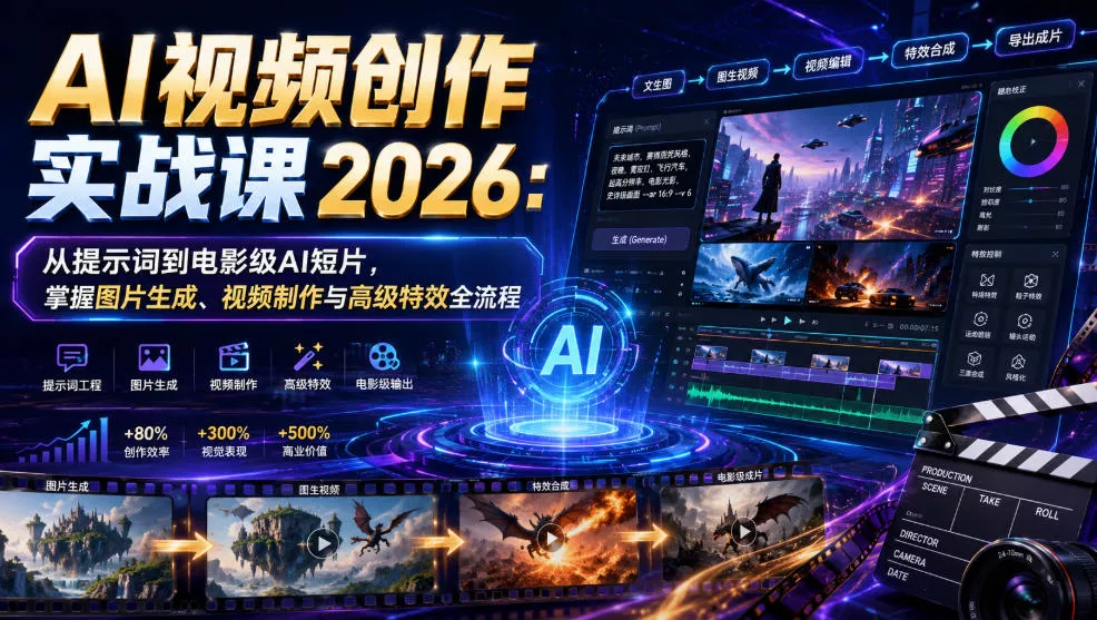 AI视频创作实战课2026：从提示词到电影级AI短片，掌握图片生成、视频制作与高级特效全流程 一点学习助手-零基础自学教程-副业项目-兴趣学习-网盘拉新平台-英语启蒙项目资源网