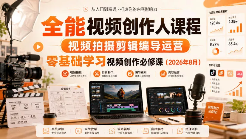 全能视频创作人课程，视频拍摄剪辑编导运营，零基础学习视频创作必修课(2026年8月) 一点学习助手-零基础自学教程-副业项目-兴趣学习-网盘拉新平台-英语启蒙项目资源网