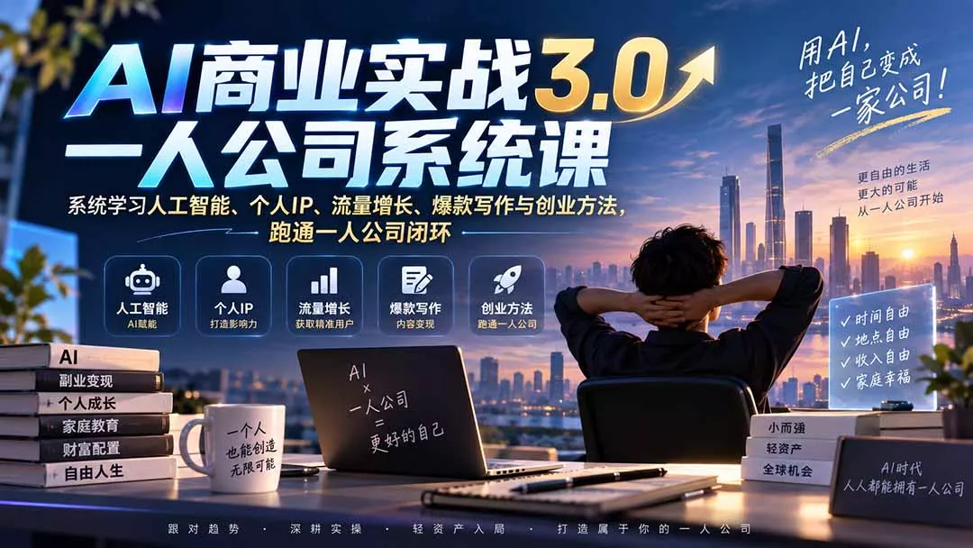 AI商业实战3.0一人公司系统课：系统学习人工智能、个人IP、流量增长、爆款写作与创业方法，跑通一人公司闭环 一点学习助手-零基础自学教程-副业项目-兴趣学习-网盘拉新平台-英语启蒙项目资源网