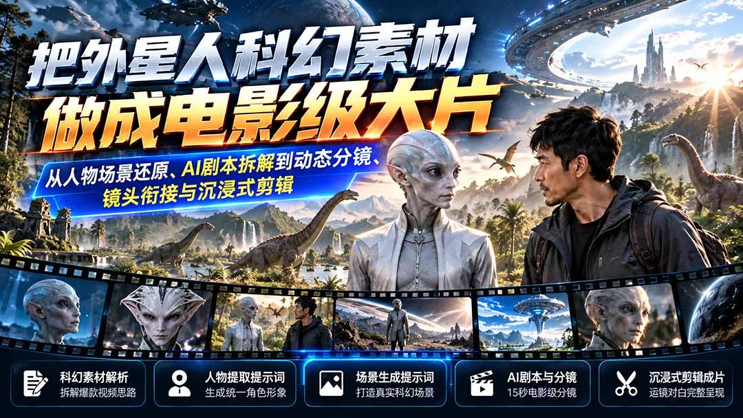 把外星人科幻素材做成电影级大片：从人物场景还原、AI剧本拆解到动态分镜、镜头衔接与沉浸式剪辑 一点学习助手-零基础自学教程-副业项目-兴趣学习-网盘拉新平台-英语启蒙项目资源网