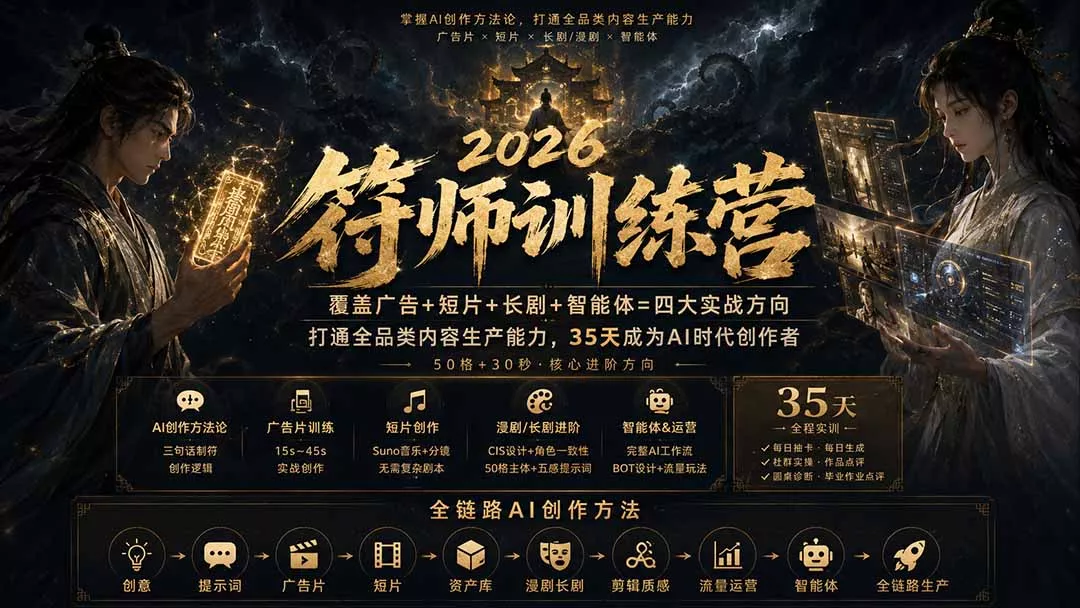 符师训练营-35天成为AI时代创作者，广告+短片+漫剧+智能体四大实战方向，掌握从创意到上线的完整工作流 一点学习助手-零基础自学教程-副业项目-兴趣学习-网盘拉新平台-英语启蒙项目资源网