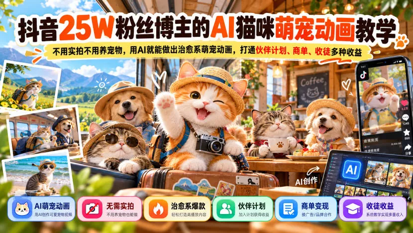 抖音25W粉丝博主的AI猫咪萌宠动画教学，不用实拍不用养宠物，用AI就能做出治愈系萌宠动画，打通伙伴计划、商单、收徒多种收益 一点学习助手-零基础自学教程-副业项目-兴趣学习-网盘拉新平台-英语启蒙项目资源网