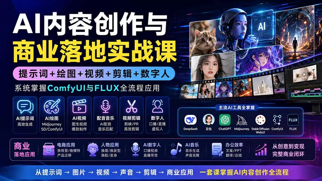 AI内容创作与商业落地实战课：提示词+绘图+视频+剪辑+数字人，系统掌握ComfyUI与FLUX全流程应用 一点学习助手-零基础自学教程-副业项目-兴趣学习-网盘拉新平台-英语启蒙项目资源网