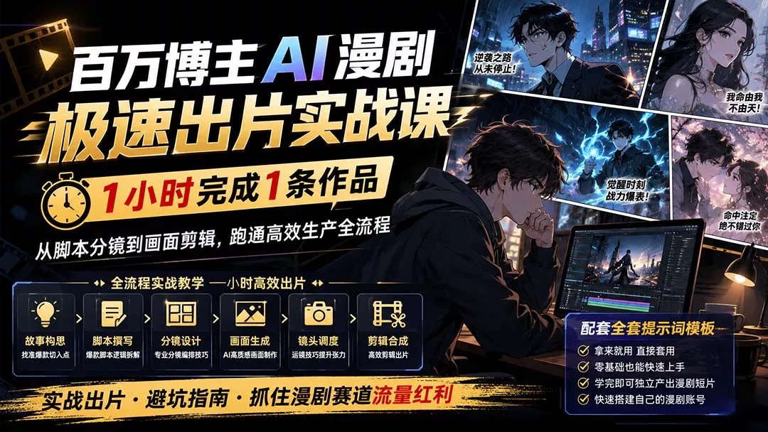 百万博主AI漫剧极速出片实战课：1小时产出条作品，从脚本分镜到画面剪辑，跑通高效生产全流程 一点学习助手-零基础自学教程-副业项目-兴趣学习-网盘拉新平台-英语启蒙项目资源网