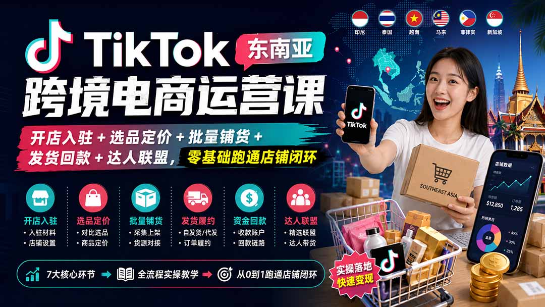 TikTok东南亚跨境电商运营课：开店入驻+选品定价+批量铺货+发货回款+达人联盟，零基础跑通店铺闭环 一点学习助手-零基础自学教程-副业项目-兴趣学习-网盘拉新平台-英语启蒙项目资源网