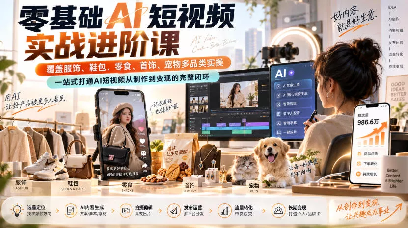 零基础AI短视频实战进阶课，覆盖服饰、鞋包、零食、首饰、宠物多品类实操，一站式打通AI短视频从制作到变现的完整闭环 一点学习助手-零基础自学教程-副业项目-兴趣学习-网盘拉新平台-英语启蒙项目资源网