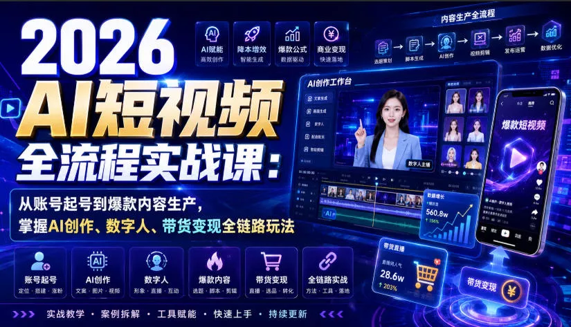 2026 AI短视频全流程实战课：从账号起号到爆款内容生产，掌握AI创作、数字人、带货变现全链路玩法 一点学习助手-零基础自学教程-副业项目-兴趣学习-网盘拉新平台-英语启蒙项目资源网