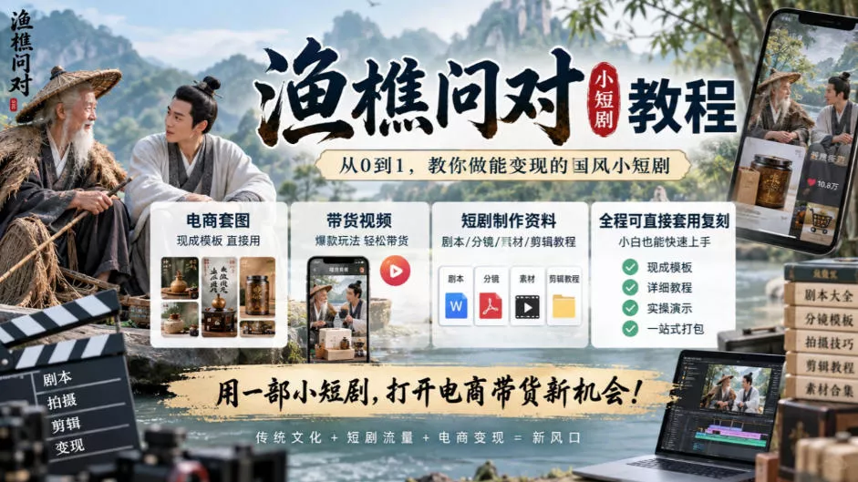渔樵问对小短剧教程，包含电商套图、带货视频，短剧制作资料，全程可直接套用复刻 一点学习助手-零基础自学教程-副业项目-兴趣学习-网盘拉新平台-英语启蒙项目资源网