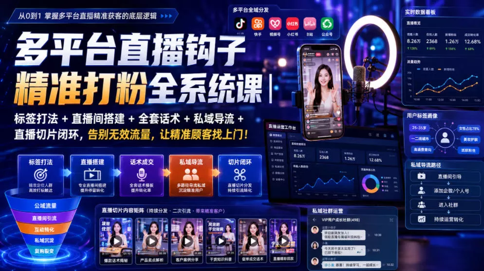 多平台直播钩子精准打粉全系统课｜标签打法+直播间搭建+全套话术+私域导流+直播切片闭环，告别无效流量，让精准顾客找上门！ 一点学习助手-零基础自学教程-副业项目-兴趣学习-网盘拉新平台-英语启蒙项目资源网