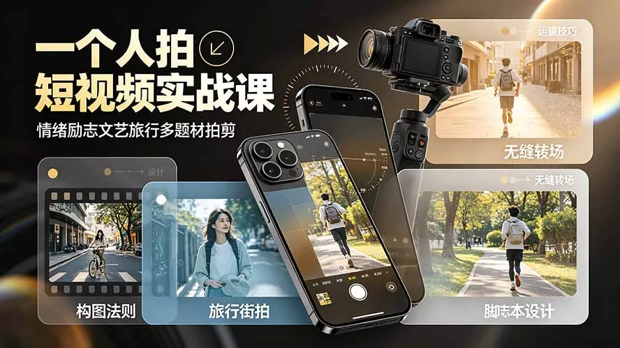 一个人拍短视频实战课：情绪励志文艺旅行多题材×五大景别×黄金构图×八大运镜，从拍摄到成片高效创作 一点学习助手-零基础自学教程-副业项目-兴趣学习-网盘拉新平台-英语启蒙项目资源网