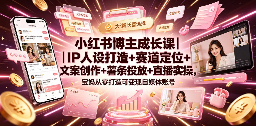 小红书博主成长课｜IP人设打造+赛道定位+文案创作+薯条投放+直播实操，宝妈从零打造可变现自媒体账号 一点学习助手-零基础自学教程-副业项目-兴趣学习-网盘拉新平台-英语启蒙项目资源网