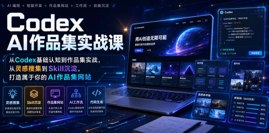 Codex AI作品集实战课，从Codex基础认知到作品集实战，从灵感搜集到Skill沉淀，打造属于你的AI作品集网站 一点学习助手-零基础自学教程-副业项目-兴趣学习-网盘拉新平台-英语启蒙项目资源网