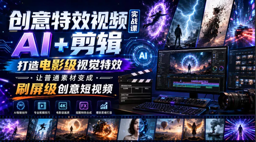 创意特效视频实战课，AI+剪辑打造电影级视觉特效，让普通素材变成刷屏级创意短视频 一点学习助手-零基础自学教程-副业项目-兴趣学习-网盘拉新平台-英语启蒙项目资源网