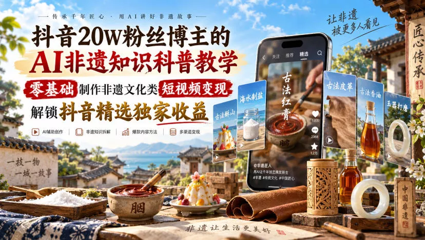 抖音20W粉丝博主的AI非遗知识科普教学，零基础制作非遗文化类短视频变现，解锁抖音精选独家收益 一点学习助手-零基础自学教程-副业项目-兴趣学习-网盘拉新平台-英语启蒙项目资源网