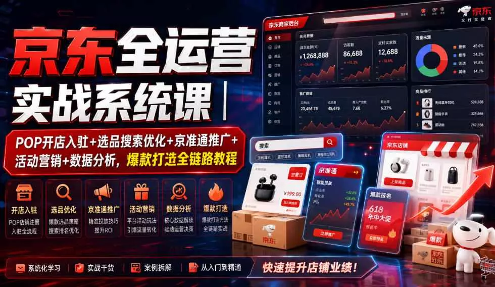 京东全运营实战系统课｜POP开店入驻+选品搜索优化+京准通推广+活动营销+数据分析，爆款打造全链路教程 一点学习助手-零基础自学教程-副业项目-兴趣学习-网盘拉新平台-英语启蒙项目资源网