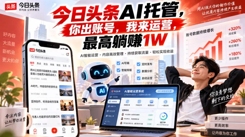 今日头条AI托管，你出账号，我来运营，最高躺賺1W【揭秘】 一点学习助手-零基础自学教程-副业项目-兴趣学习-网盘拉新平台-英语启蒙项目资源网