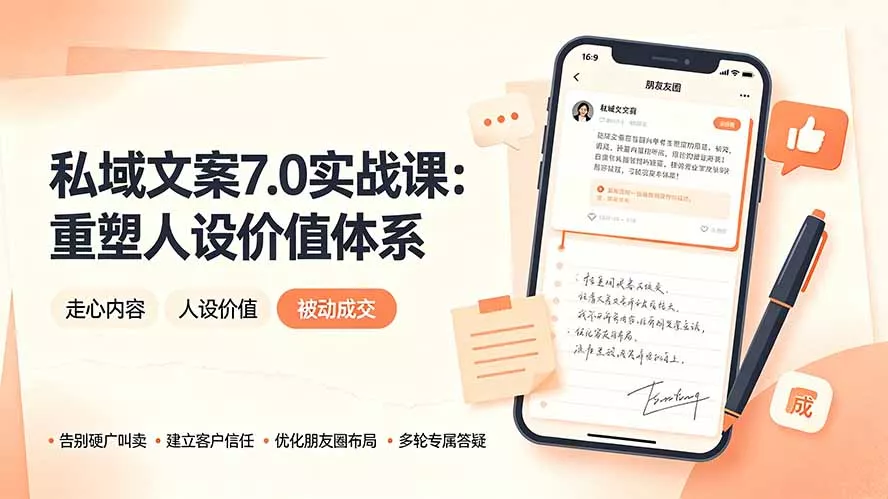 私域文案实战课7.0：重塑人设价值体系｜-告别硬广推销×走心内容×自我价值塑造，实现被动成交 一点学习助手-零基础自学教程-副业项目-兴趣学习-网盘拉新平台-英语启蒙项目资源网