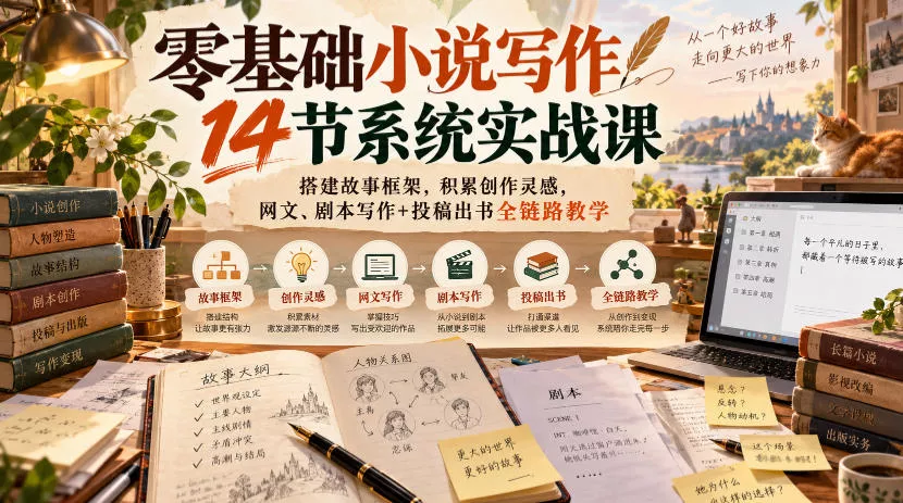 零基础小说写作14节系统实战课，搭建故事框架，积累创作灵感，网文、剧本写作+投稿出书全链路教学 一点学习助手-零基础自学教程-副业项目-兴趣学习-网盘拉新平台-英语启蒙项目资源网