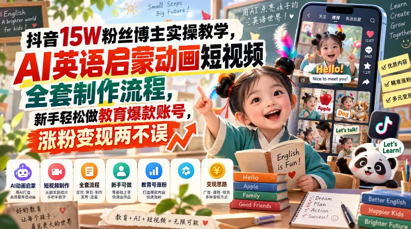 抖音15W粉丝博主实操教学，AI英语启蒙动画短视频全套制作流程，新手轻松做教育爆款账号，涨粉变现两不误 一点学习助手-零基础自学教程-副业项目-兴趣学习-网盘拉新平台-英语启蒙项目资源网