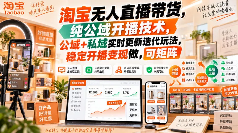 淘宝无人直播带货，纯公域开播技术，公域+私域实时更新迭代玩法，稳定开播变现做，可矩阵【揭秘】 一点学习助手-零基础自学教程-副业项目-兴趣学习-网盘拉新平台-英语启蒙项目资源网