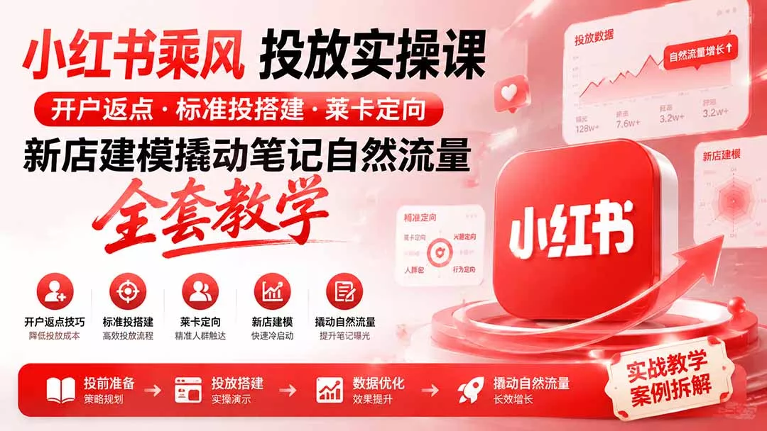 小红书乘风投放-100分钟实操课｜开户返点·标准投搭建·莱卡定向，新店建模撬动笔记自然流量全套教学 一点学习助手-零基础自学教程-副业项目-兴趣学习-网盘拉新平台-英语启蒙项目资源网