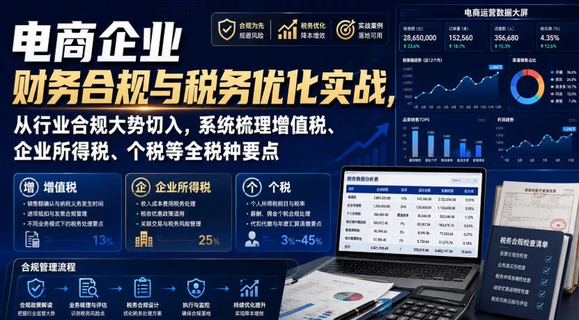 电商企业财务合规与税务优化实战，从行业合规大势切入，系统梳理增值税、企业所得税、个税等全税种要点 一点学习助手-零基础自学教程-副业项目-兴趣学习-网盘拉新平台-英语启蒙项目资源网