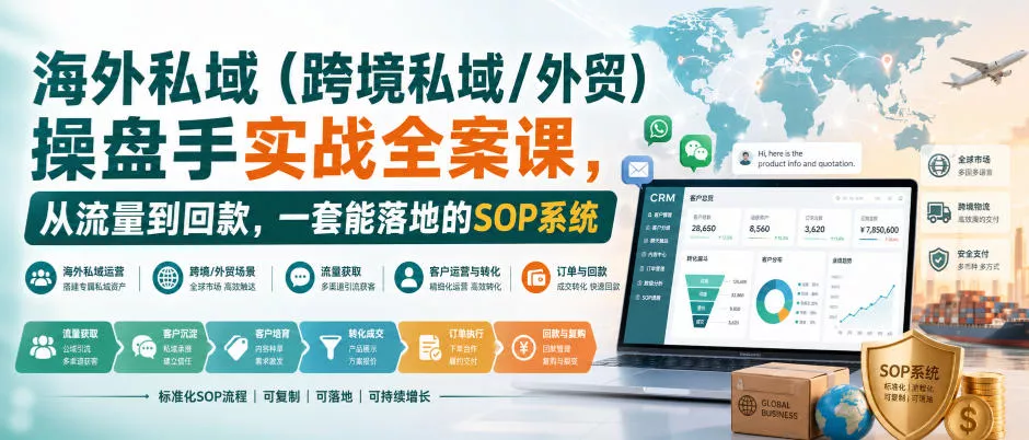 海外私域(跨境私域/外贸)操盘手实战全案课，从流量到回款，一套能落地的SOP系统 一点学习助手-零基础自学教程-副业项目-兴趣学习-网盘拉新平台-英语启蒙项目资源网