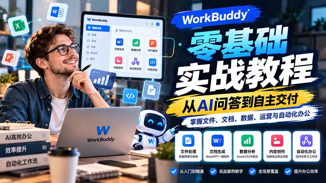 WorkBuddy零基础实战教程：从AI问答到自主交付，掌握文件、文档、数据、运营与自动化办公 一点学习助手-零基础自学教程-副业项目-兴趣学习-网盘拉新平台-英语启蒙项目资源网