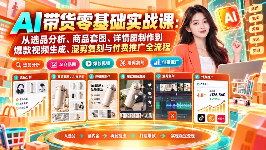AI带货零基础实战课：从选品分析、商品套图、详情图制作到爆款视频生成、混剪复刻与付费推广全流程 一点学习助手-零基础自学教程-副业项目-兴趣学习-网盘拉新平台-英语启蒙项目资源网