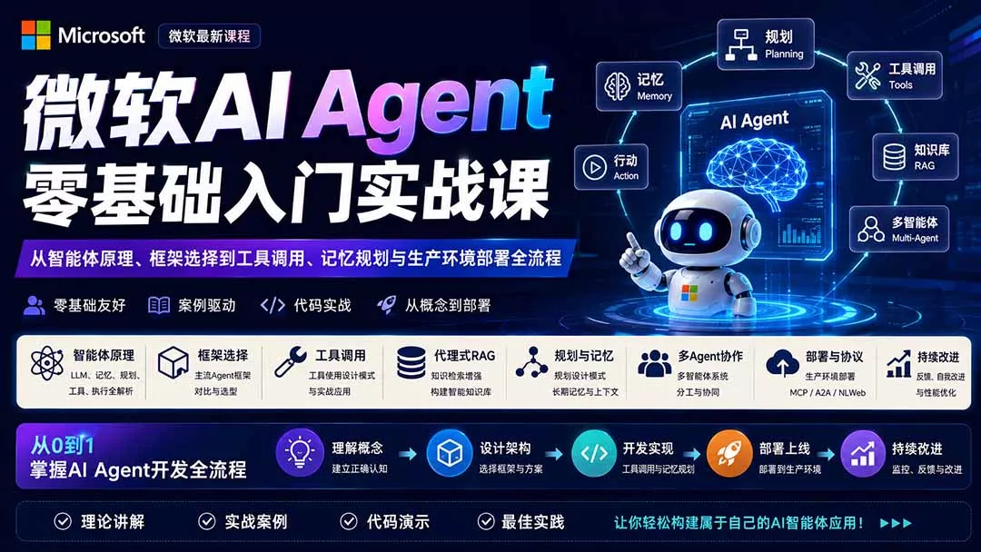 微软AI Agent零基础入门实战课：从智能体原理、框架选择到工具调用、记忆规划与生产环境部署全流程 一点学习助手-零基础自学教程-副业项目-兴趣学习-网盘拉新平台-英语启蒙项目资源网