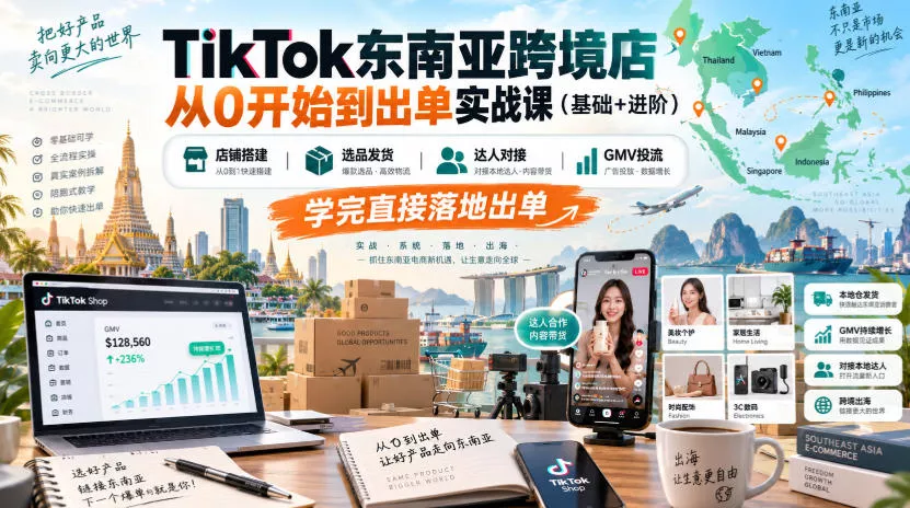 TikTok东南亚跨境店从0开始到出单实战课(基础+进阶)，店铺搭建、选品发货、达人对接、GMV投流，学完直接落地出单 一点学习助手-零基础自学教程-副业项目-兴趣学习-网盘拉新平台-英语启蒙项目资源网