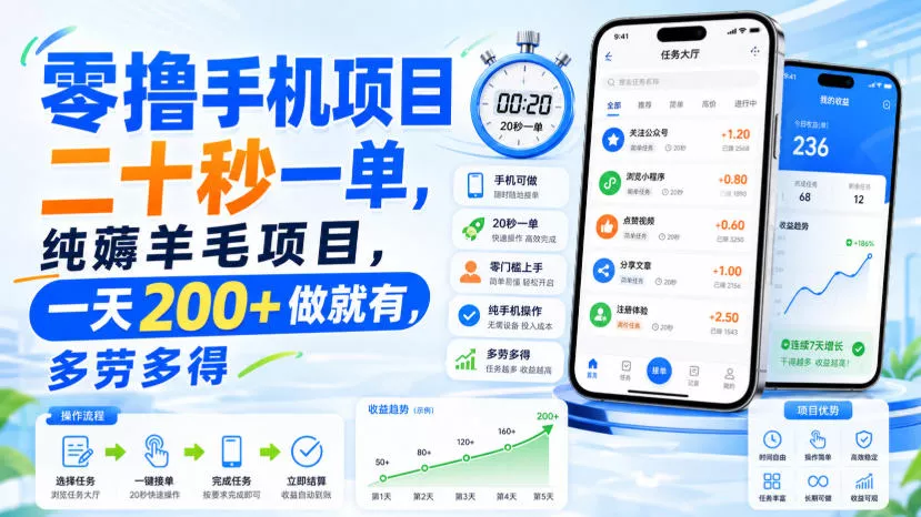 零撸手机项目，二十秒一单，纯薅羊毛项目，一天200+做就有，多劳多得【揭秘】 一点学习助手-零基础自学教程-副业项目-兴趣学习-网盘拉新平台-英语启蒙项目资源网