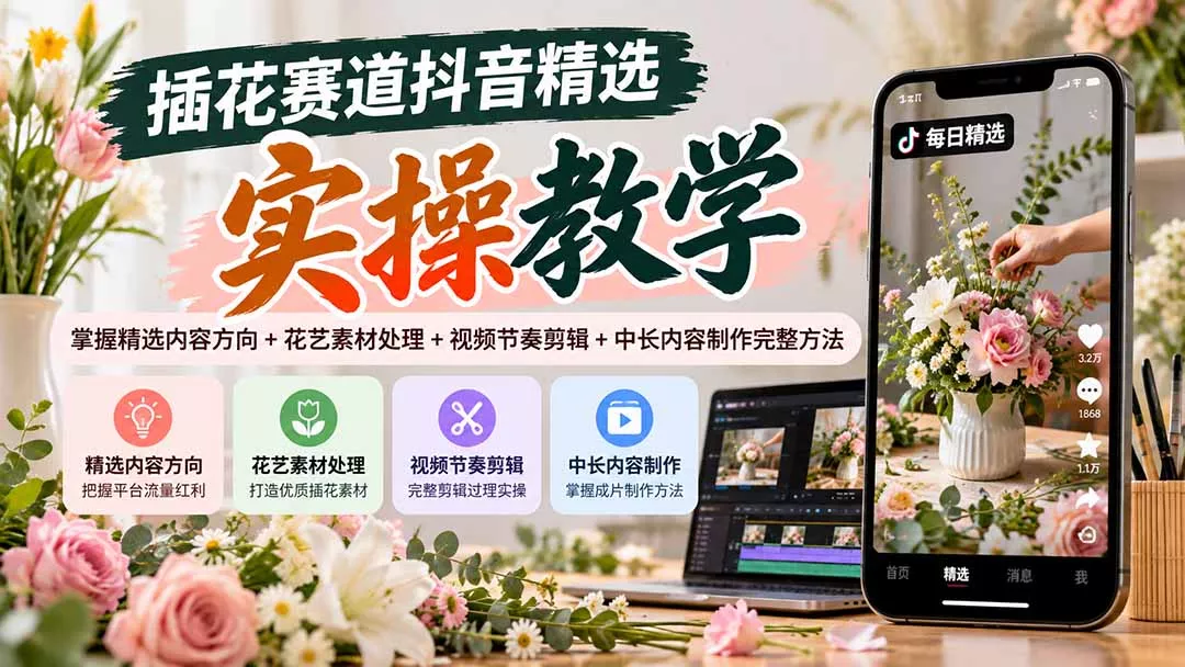 插花赛道抖音精选实操教学：掌握精选内容方向+花艺素材处理+视频节奏剪辑+中长内容制作完整方法 一点学习助手-零基础自学教程-副业项目-兴趣学习-网盘拉新平台-英语启蒙项目资源网