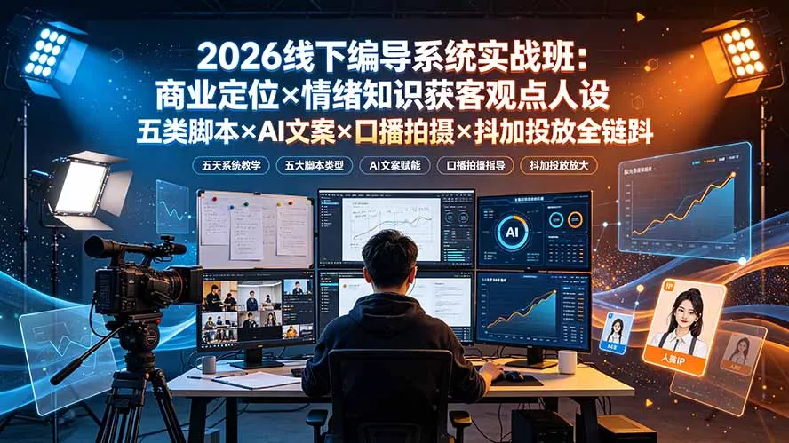 2026线下编导系统实战班：商业定位×情绪知识获客观点人设五类脚本×AI文案×口播拍摄×抖加投放全链路 一点学习助手-零基础自学教程-副业项目-兴趣学习-网盘拉新平台-英语启蒙项目资源网