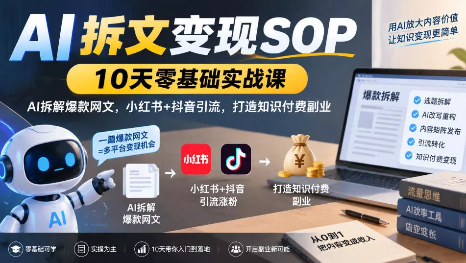 AI拆文变现SOP｜10天零基础实战课，AI拆解爆款网文，小红书+抖音引流，打造知识付费副业 一点学习助手-零基础自学教程-副业项目-兴趣学习-网盘拉新平台-英语启蒙项目资源网