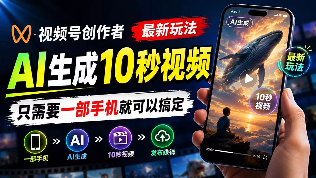 视频号创作者最新玩法，AI生成10秒视频，只需要一部手机就可以搞定 一点学习助手-零基础自学教程-副业项目-兴趣学习-网盘拉新平台-英语启蒙项目资源网