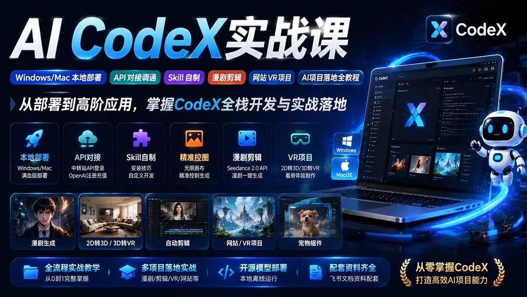 AI CodeX实战课｜Windows/Mac 本地部署｜API 对接调通｜Skill 自制｜漫剧剪辑｜网站 VR 项目｜AI项目落地全教程 一点学习助手-零基础自学教程-副业项目-兴趣学习-网盘拉新平台-英语启蒙项目资源网