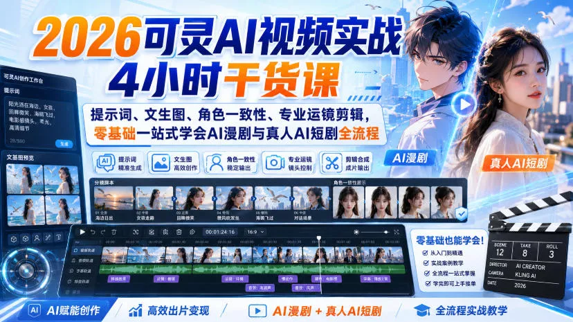 2026可灵AI视频实战4小时干货课｜提示词、文生图、角色一致性、专业运镜剪辑，零基础一站式学会AI漫剧与真人AI短剧全流程 一点学习助手-零基础自学教程-副业项目-兴趣学习-网盘拉新平台-英语启蒙项目资源网