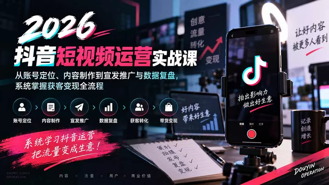 2026抖音短视频运营实战课：从账号定位、内容制作到宣发推广与数据复盘，系统掌握获客变现全流程 一点学习助手-零基础自学教程-副业项目-兴趣学习-网盘拉新平台-英语启蒙项目资源网