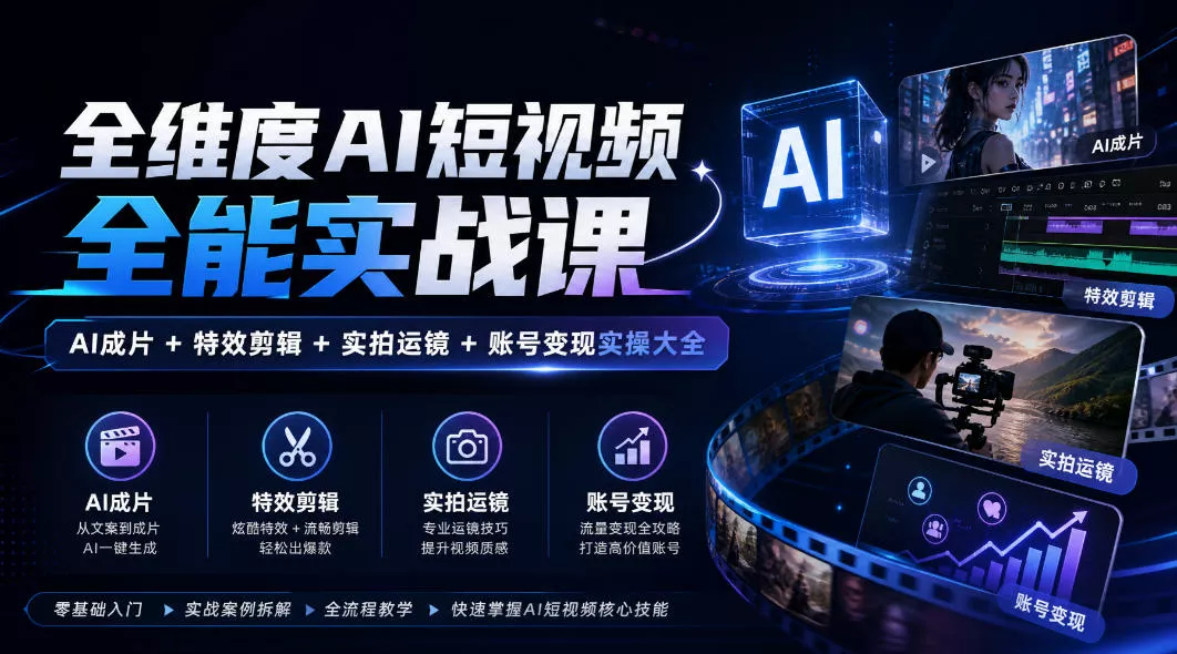 全维度AI短视频全能实战课，AI成片+特效剪辑+实拍运镜+账号变现实操大全 一点学习助手-零基础自学教程-副业项目-兴趣学习-网盘拉新平台-英语启蒙项目资源网